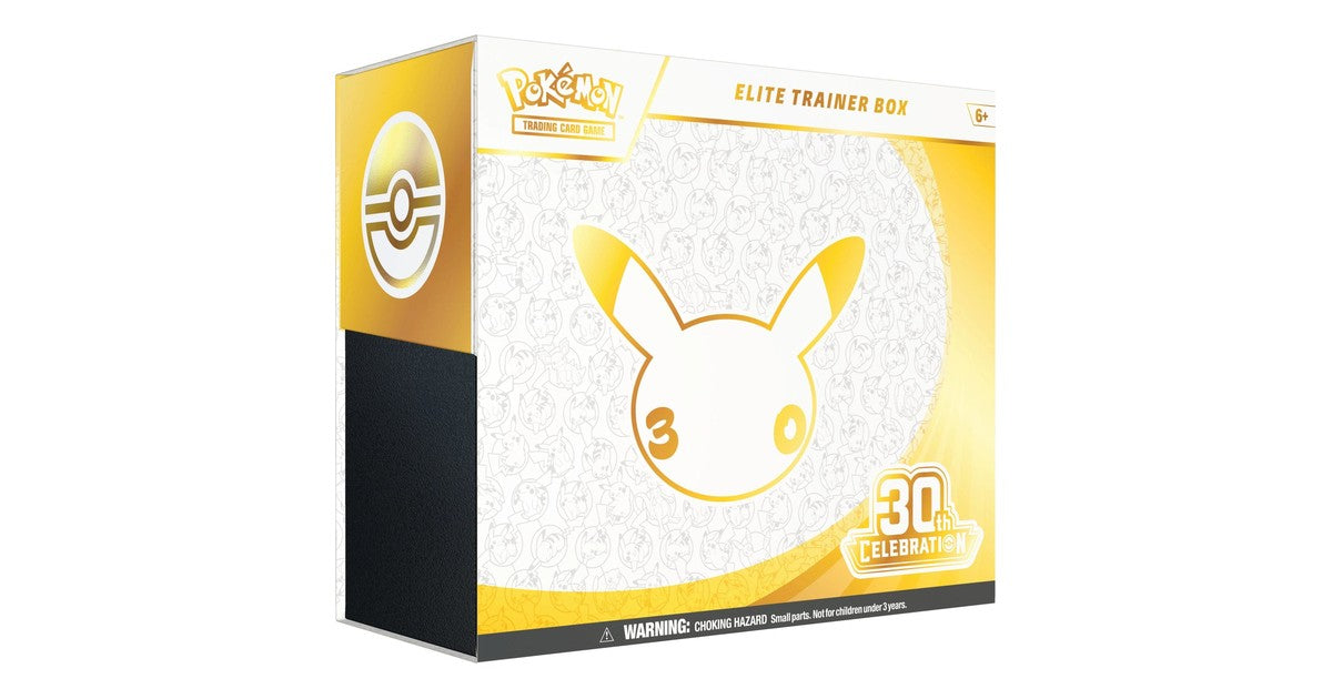 Pokemon TCG 30th Celebration Elite Trainer Box with the gold 30th anniversary Pikachu artwork