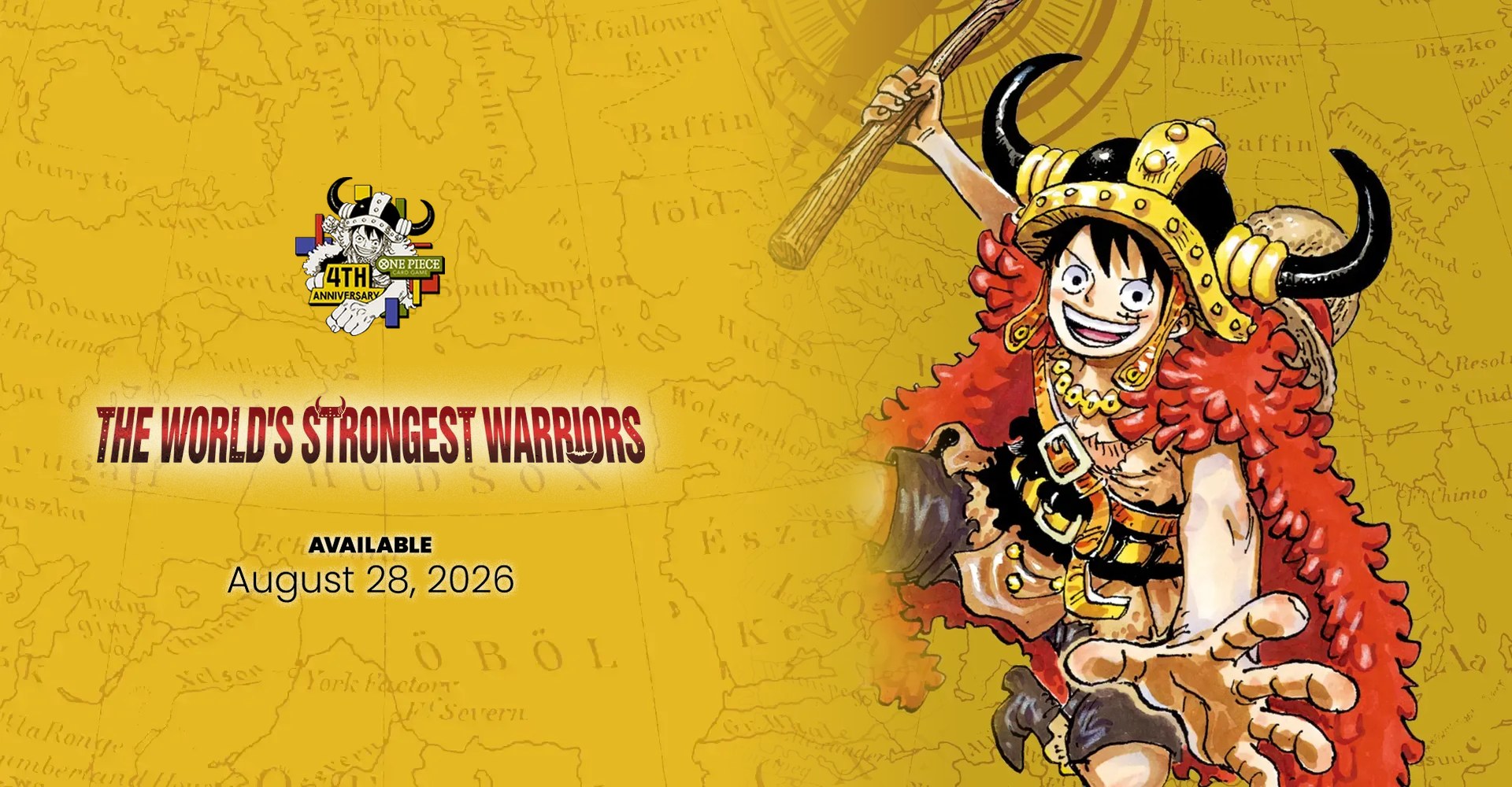 One Piece Card Game OP-17 The World's Strongest Warriors, 4th anniversary set art with Monkey D. Luffy in Elbaf gear, available 28 August 2026