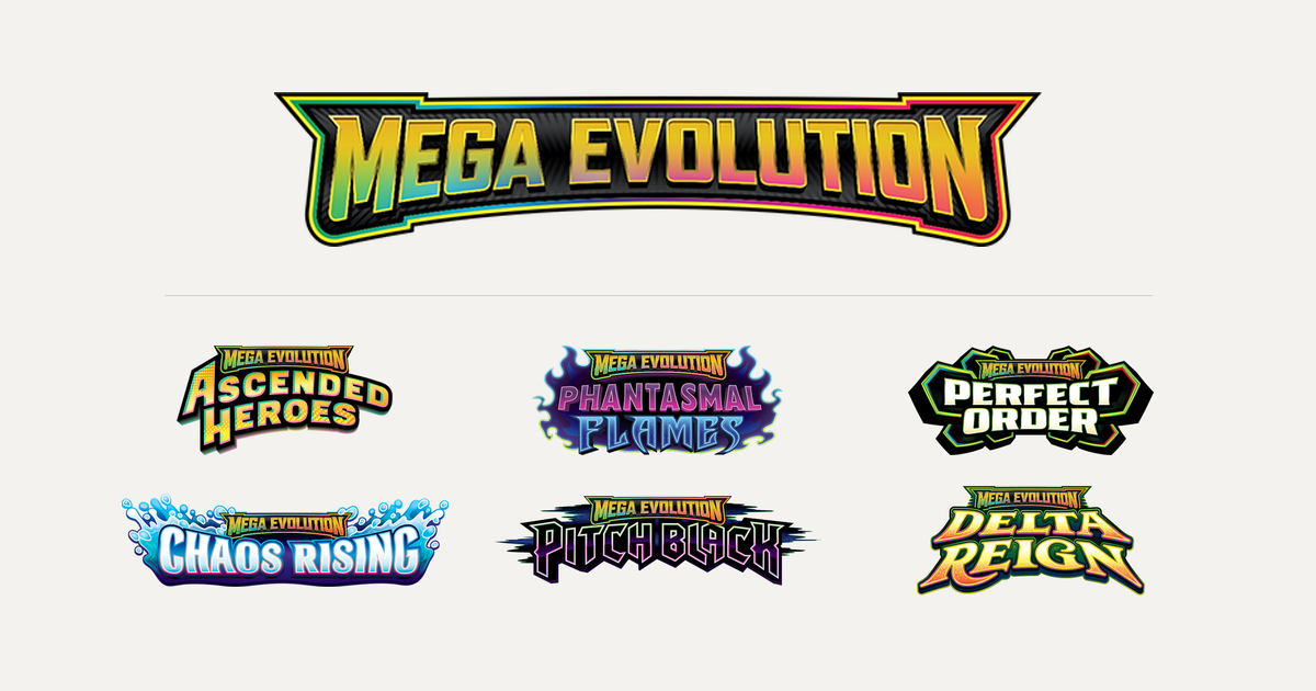 Pokemon TCG Mega Evolution series logo with the six English set logos announced so far