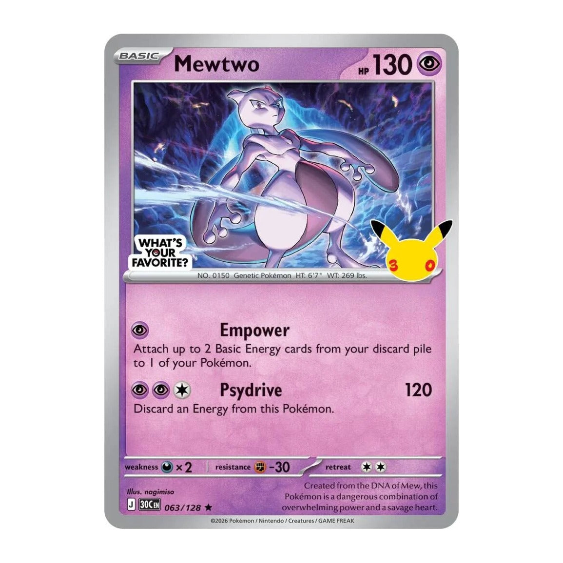 Pokemon TCG 30th Celebration Mewtwo 063/128 store promo card with the What's Your Favorite sticker and the Pikachu 30 stamp
