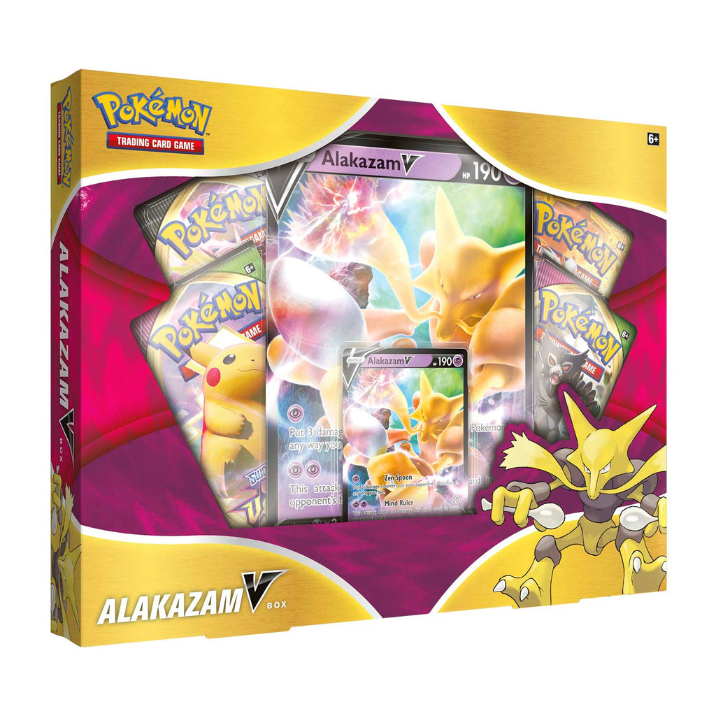 Alakazam V Box sealed, front angle with the oversize Alakazam V card and 4 booster packs