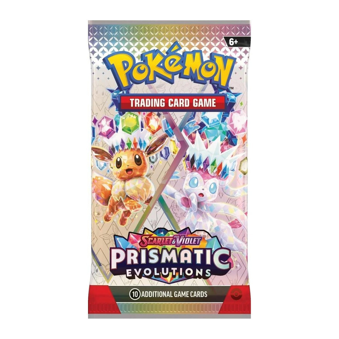 Pokemon TCG Prismatic Evolutions booster pack, front, featuring Eevee and Sylveon