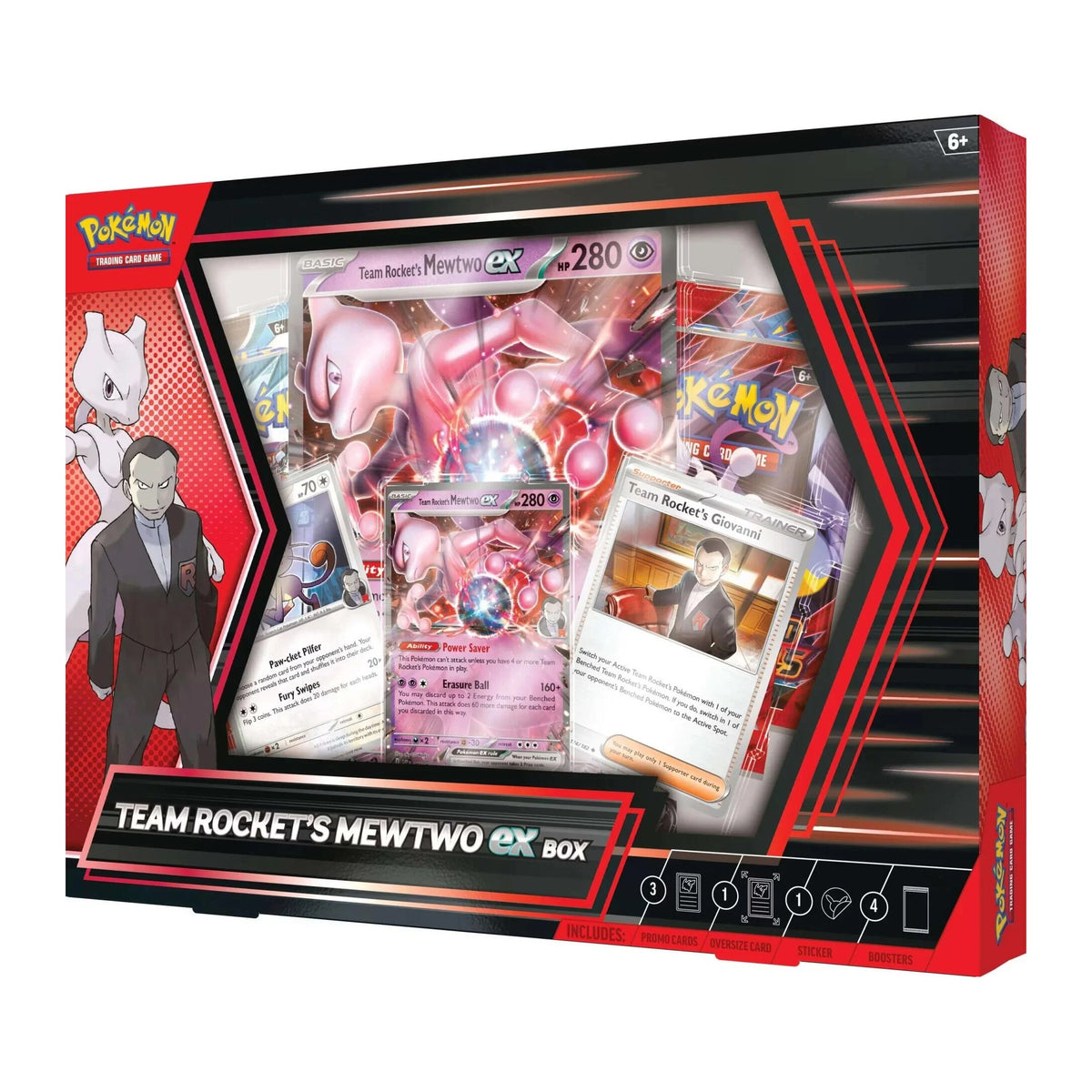 Pokemon TCG Team Rocket's Mewtwo ex Box sealed box with Mewtwo ex, Meowth and Giovanni promo cards