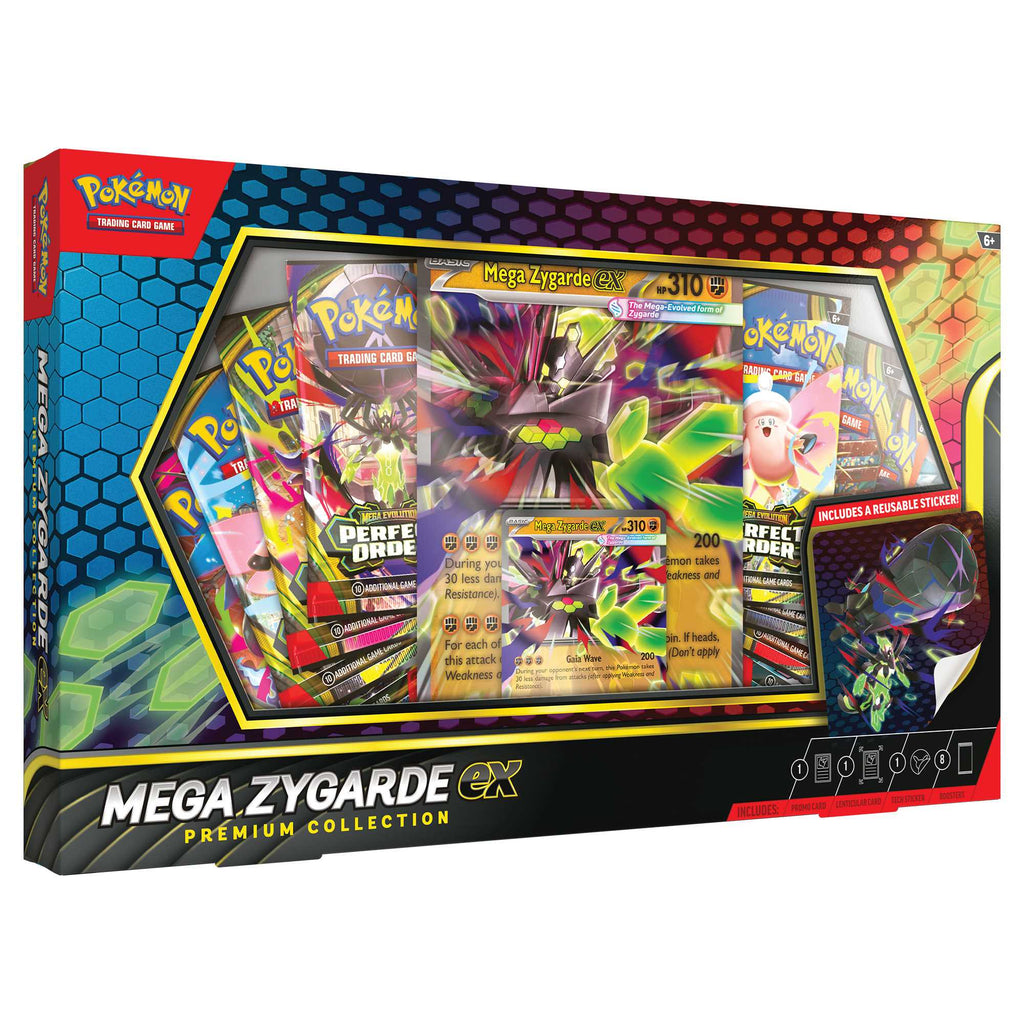 Mega Zygarde ex Premium Collection box shown at an angle with booster packs and promo card visible