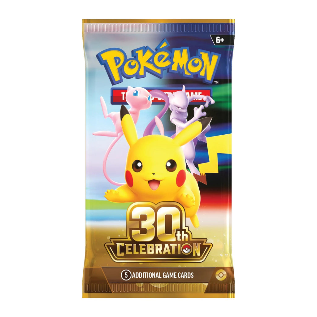 Pokemon TCG 30th Celebration booster pack, front, featuring Pikachu with Mew and Mewtwo