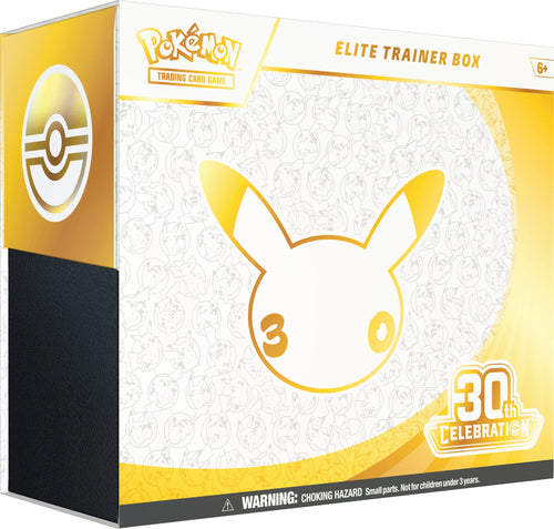 Pokemon TCG 30th Celebration Elite Trainer Box with 9 booster packs and gold Pikachu design