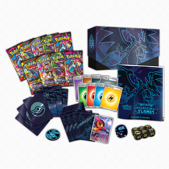 Phantasmal Flames Elite Trainer Box contents: 9 booster packs, Charcadet promo, sleeves, dice and collector's box