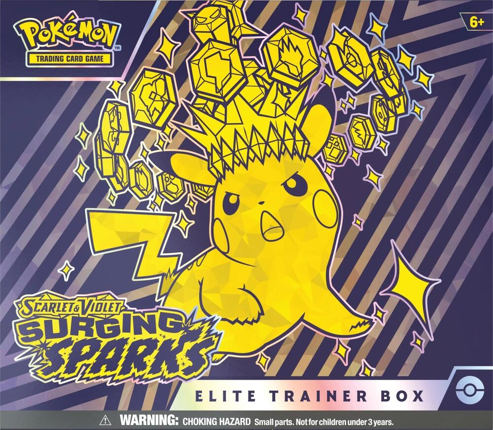 Surging Sparks Elite Trainer Box front panel featuring Pikachu