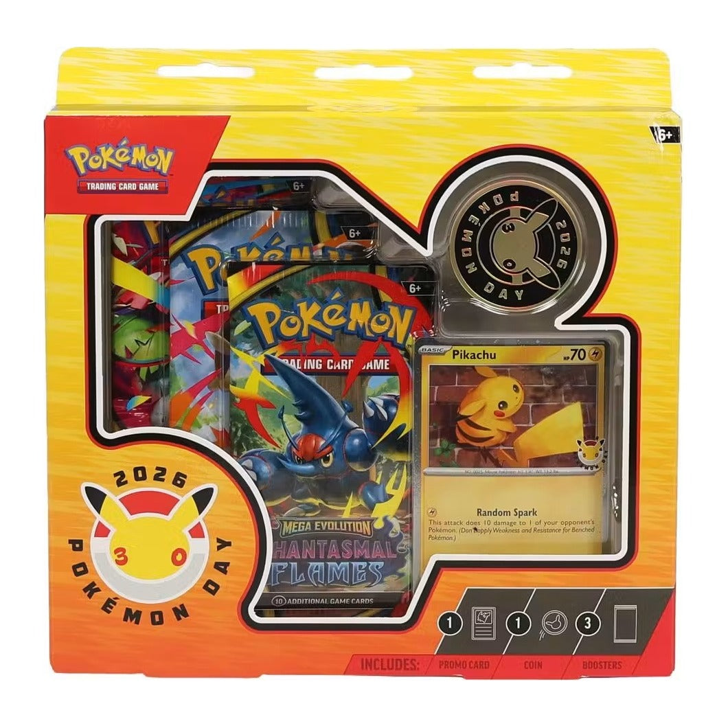 Pokemon TCG Pokemon Day 2026 Collection sealed box front with Pikachu promo card, coin and three booster packs