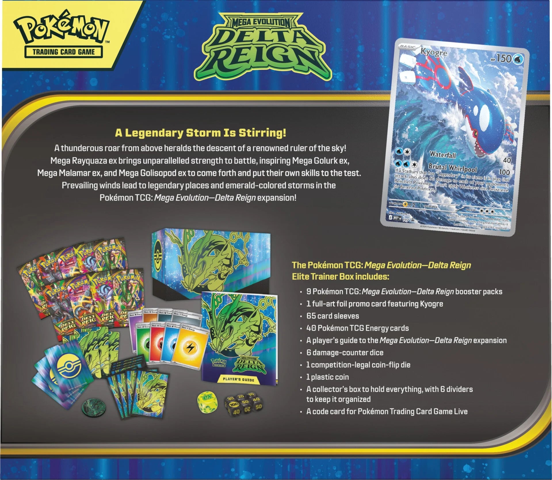 Delta Reign Elite Trainer Box back panel showing full contents and the Kyogre promo card