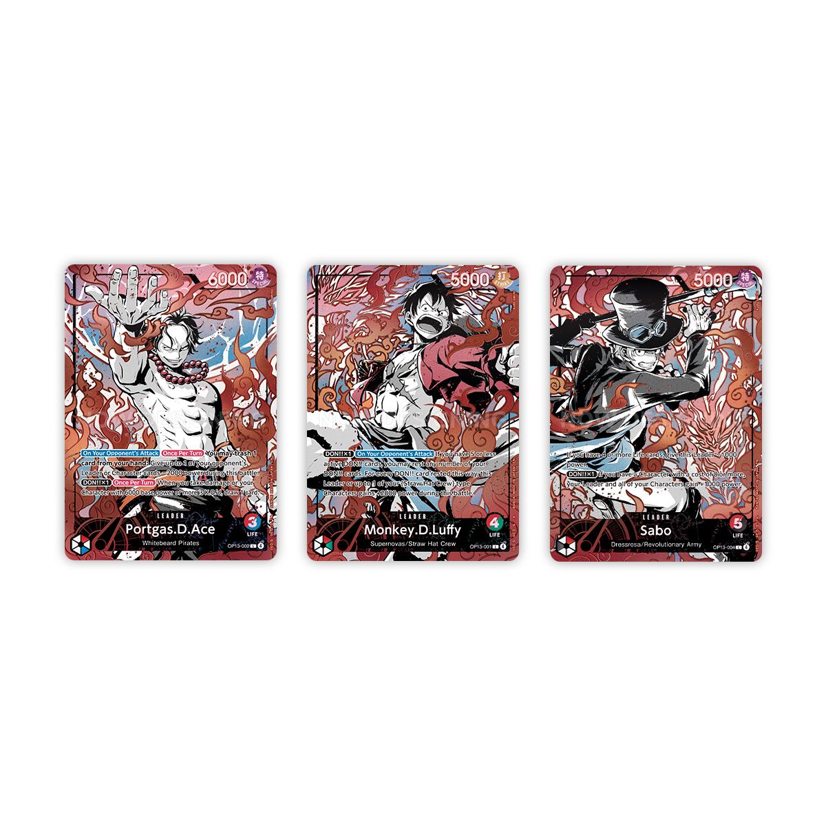 3rd Anniversary Set Leader cards: Portgas.D.Ace OP13-002, Monkey.D.Luffy OP13-001 and Sabo OP13-004 alternate art