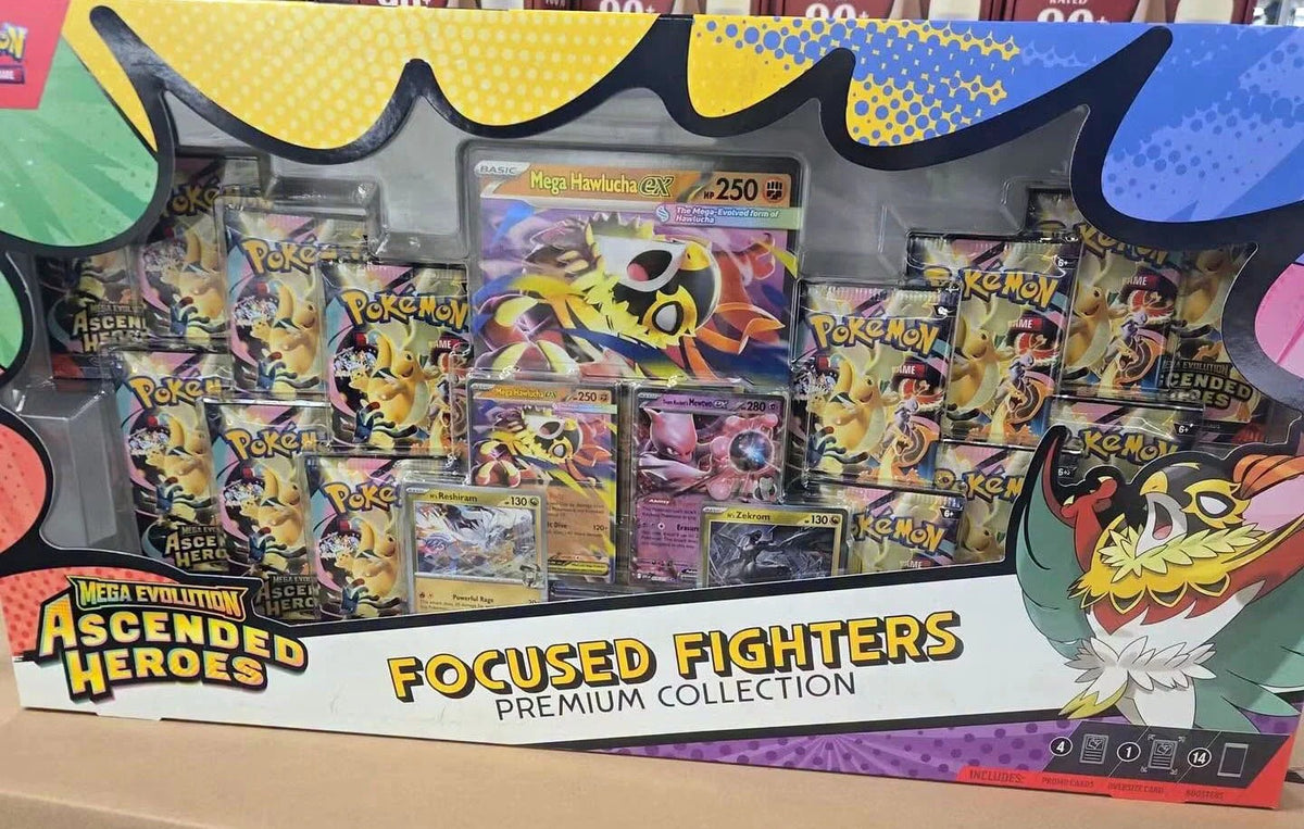 Focused Fighters Premium Collection packaging showing Mega Hawlucha ex artwork and contents