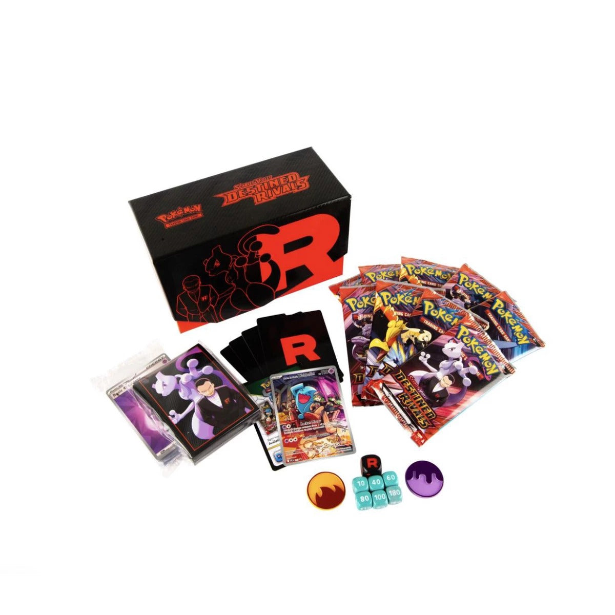 Destined Rivals Elite Trainer Box contents laid out: 9 booster packs, card sleeves, dice and the collector's box