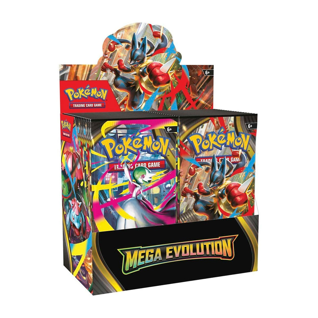 Mega Evolution Enhanced Booster Box opened, showing the booster packs inside the display