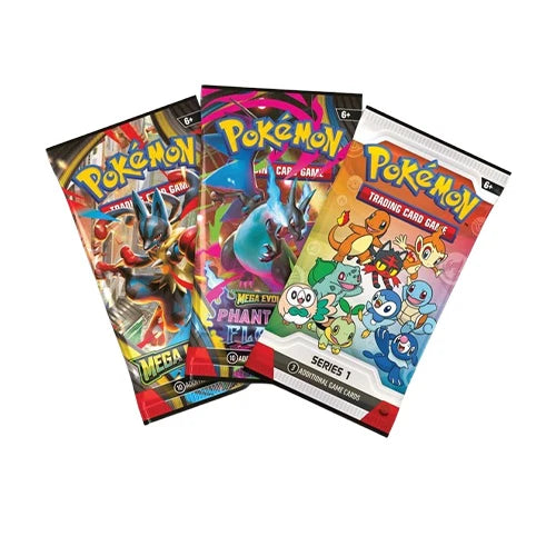 First Partner Illustration Collection Series 1 booster packs: Mega Evolution, Phantasmal Flames and the Series 1 promo pack