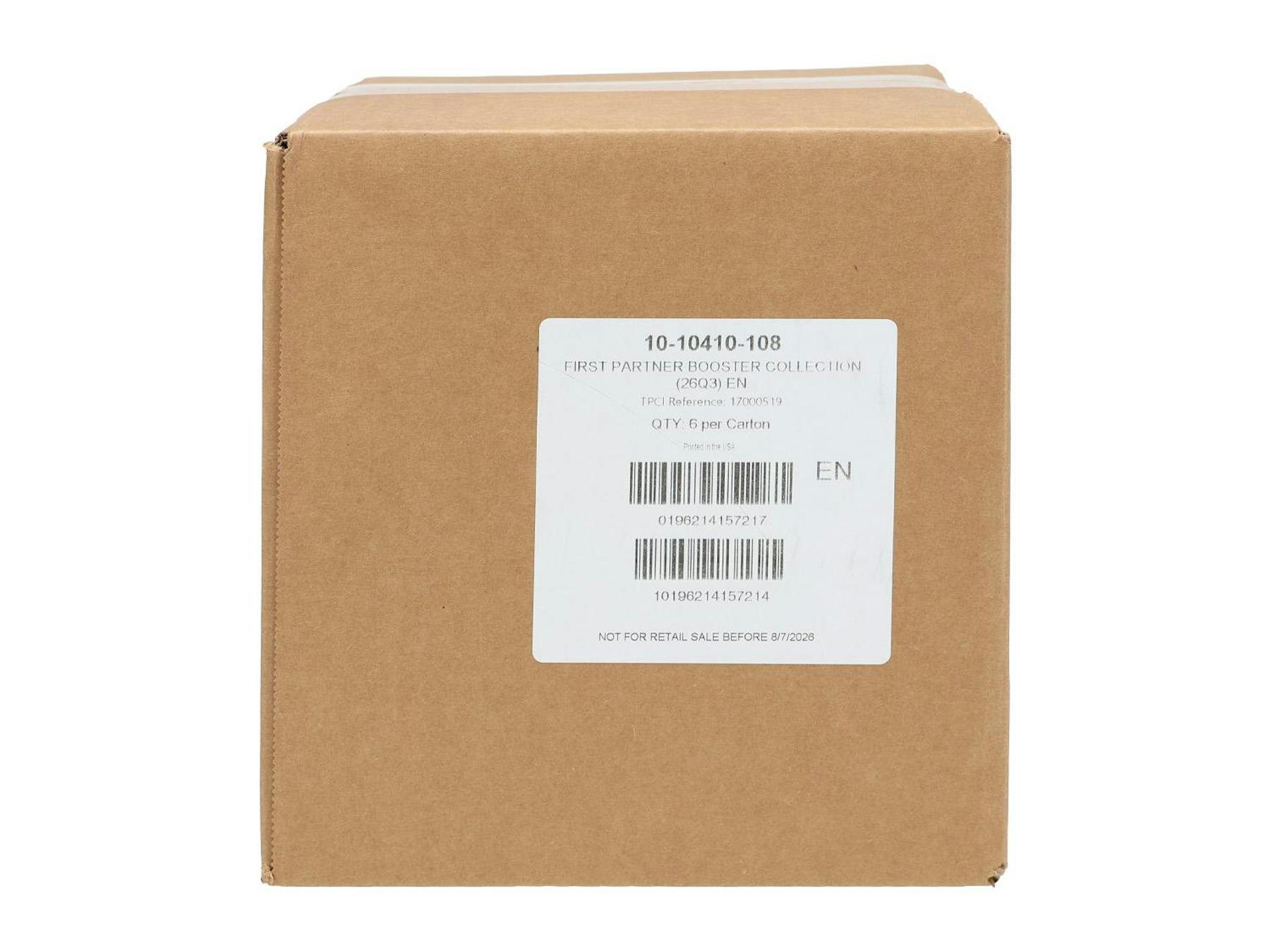 Sealed case carton label reading First Partner Booster Collection 26Q3 EN, QTY 6 per Carton