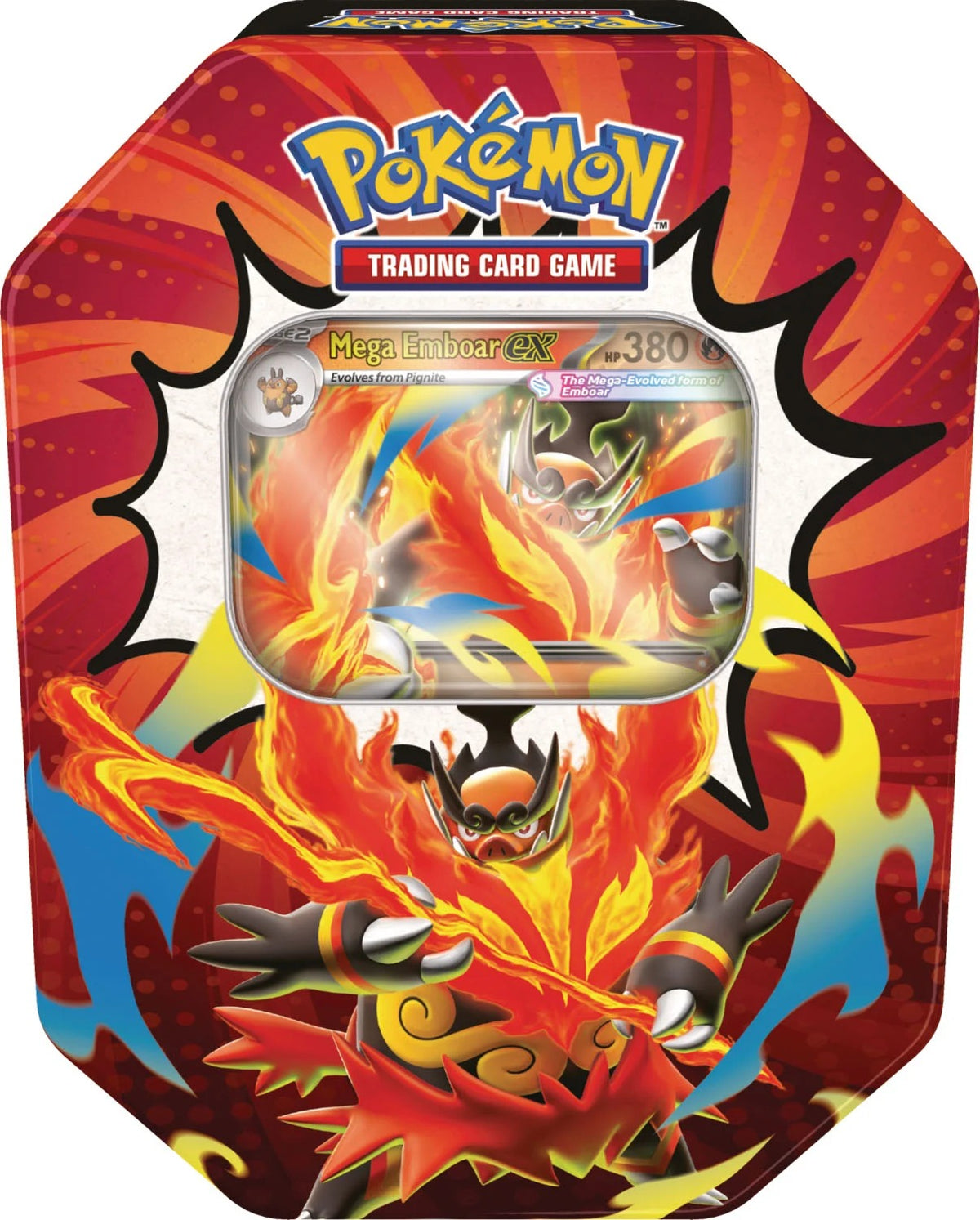 Pokemon TCG Ascended Heroes Tin, Mega Emboar ex tin included in the 3-pack