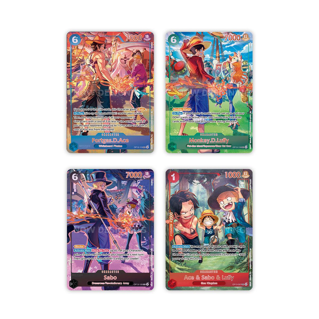 3rd Anniversary Set Character cards: Portgas.D.Ace OP13-119, Monkey.D.Luffy OP13-118, Sabo OP13-120 and Ace & Sabo & Luffy OP13-007 alternate art