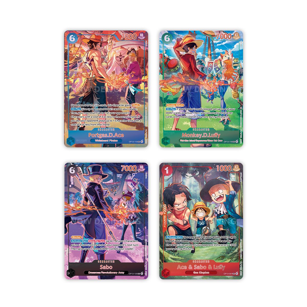 3rd Anniversary Set Character cards: Portgas.D.Ace OP13-119, Monkey.D.Luffy OP13-118, Sabo OP13-120 and Ace & Sabo & Luffy OP13-007 alternate art