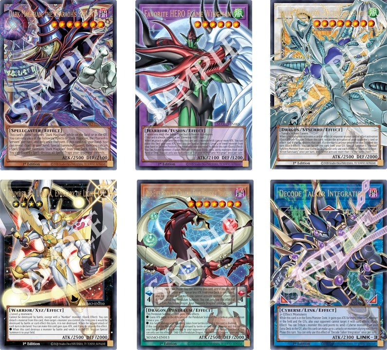 Magnificent Monsters reimagined cards: Dark Magician, Flame Wingman, Stardust Dragon, Utopia, Odd-Eyes and Decode Talker (official Konami sample)