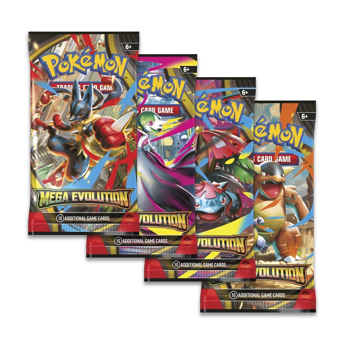 Mega Evolution booster pack artworks: Mega Lucario, Mega Gardevoir, Mega Venusaur and Mega Kangaskhan