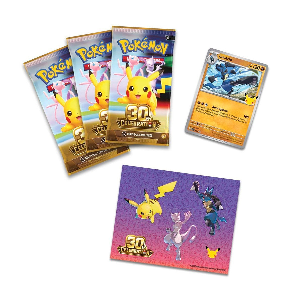 Contents of the Lucario Tech Sticker Collection: three 30th Celebration booster packs, foil Lucario promo card and Lucario tech sticker sheet