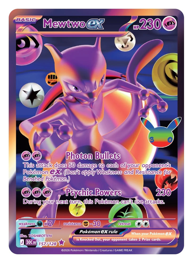 Mewtwo ex, a headline chase card from Pokemon TCG 30th Celebration, example pull not guaranteed