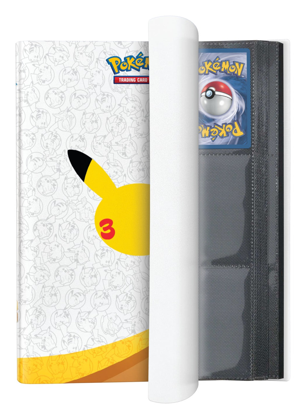 30th Celebration binder open with a Pokemon card in a black 9-pocket page and elastic strap