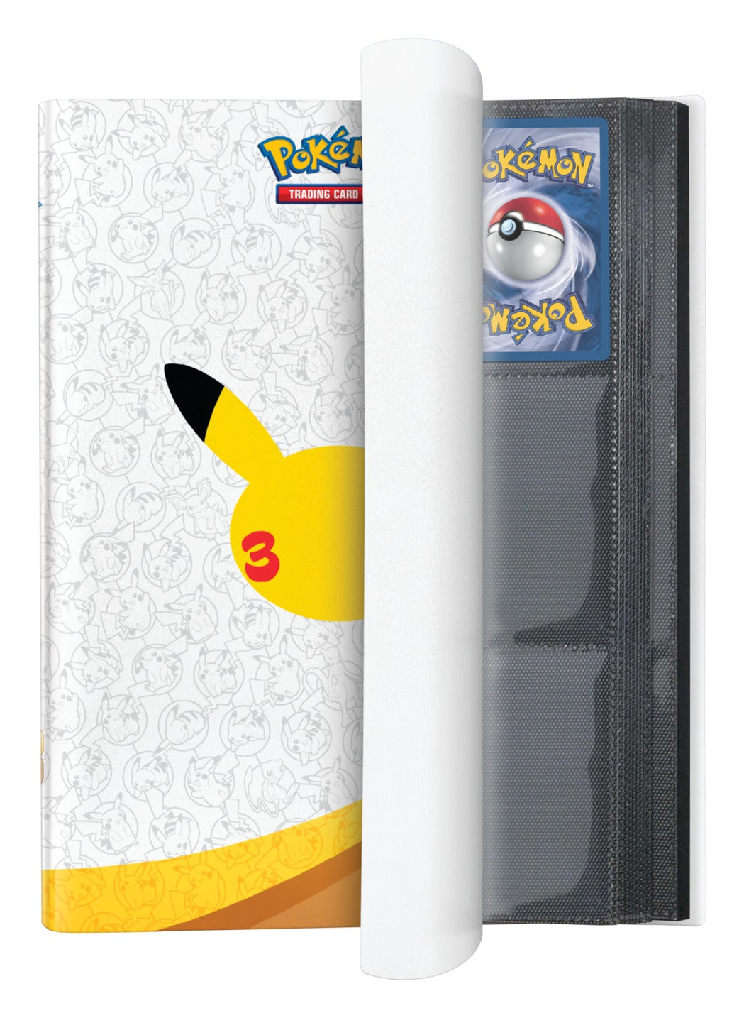30th Celebration binder open with a Pokemon card in a black 9-pocket page and elastic strap