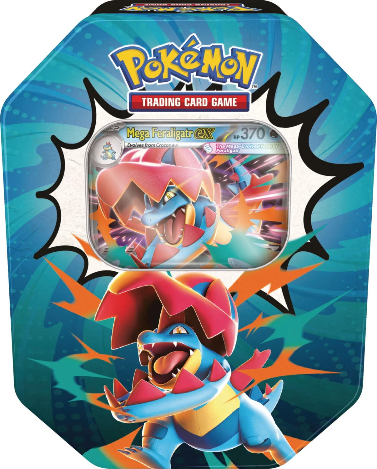Pokemon TCG Ascended Heroes Tin, Mega Feraligatr ex version, sealed tin front