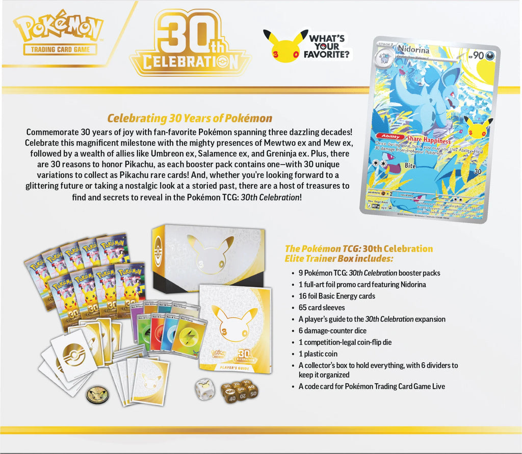 Pokemon TCG 30th Celebration Elite Trainer Box back with contents list