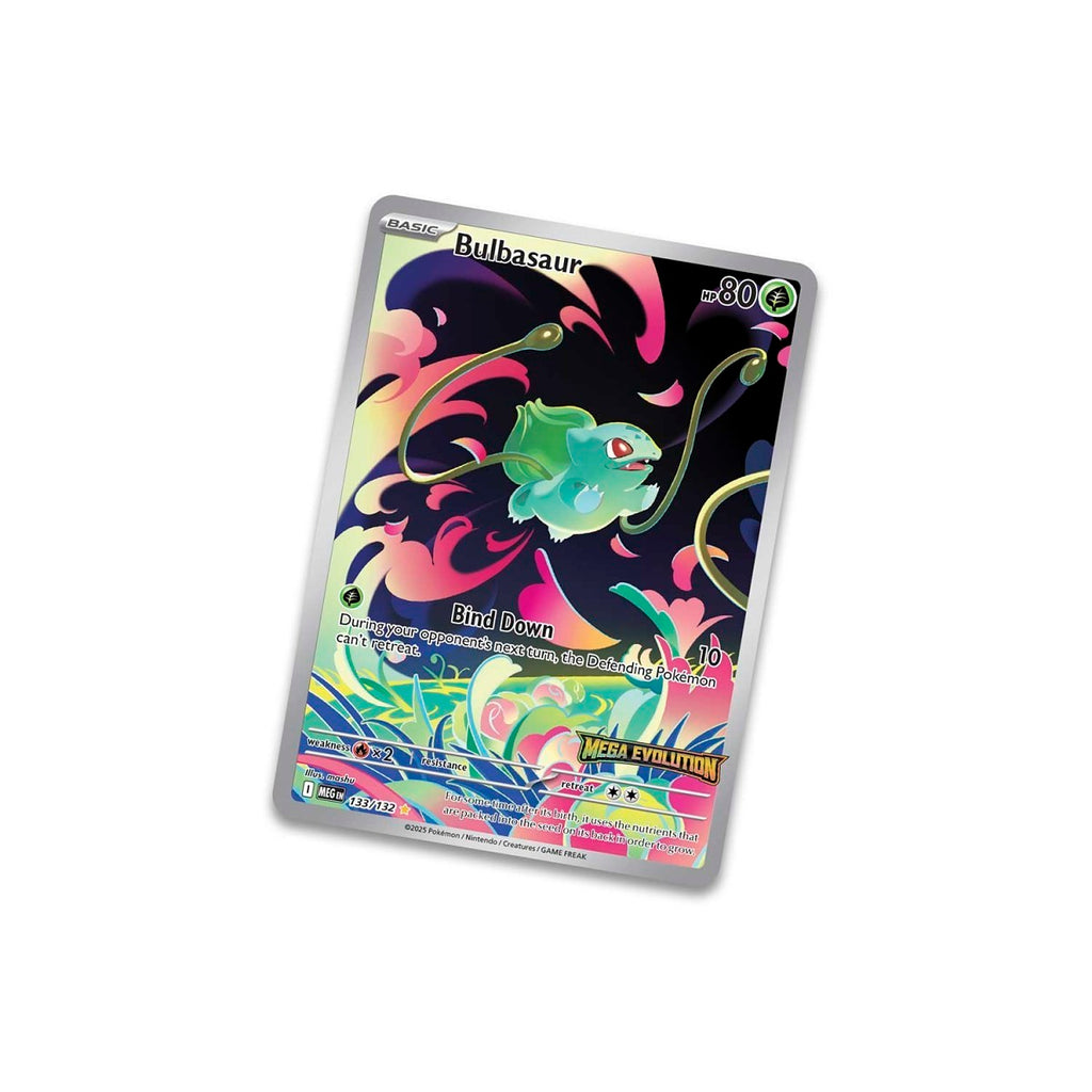 Bulbasaur 133/132 illustration rare-style promo card with Mega Evolution stamp, included in the Enhanced Booster Box