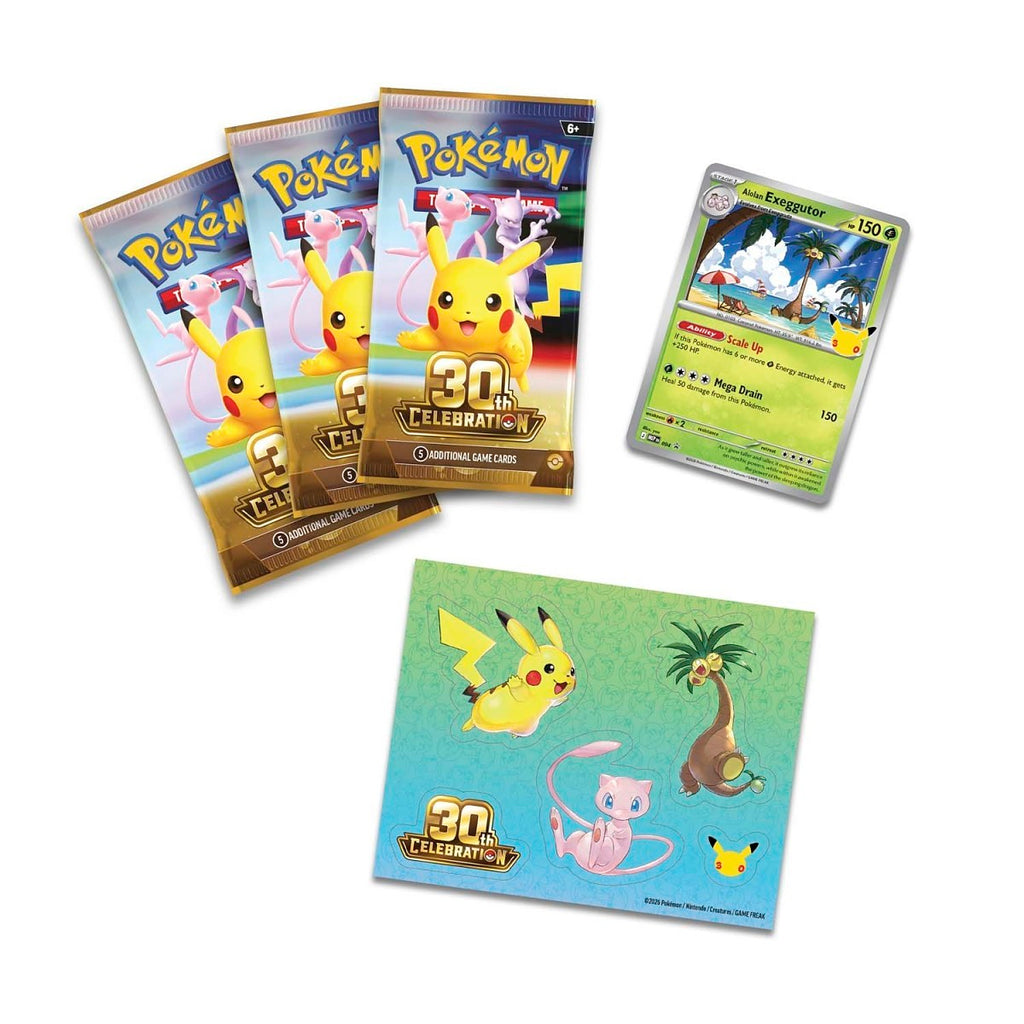 Contents of the Alolan Exeggutor Tech Sticker Collection: three 30th Celebration booster packs, foil Alolan Exeggutor promo card and Alolan Exeggutor tech sticker sheet