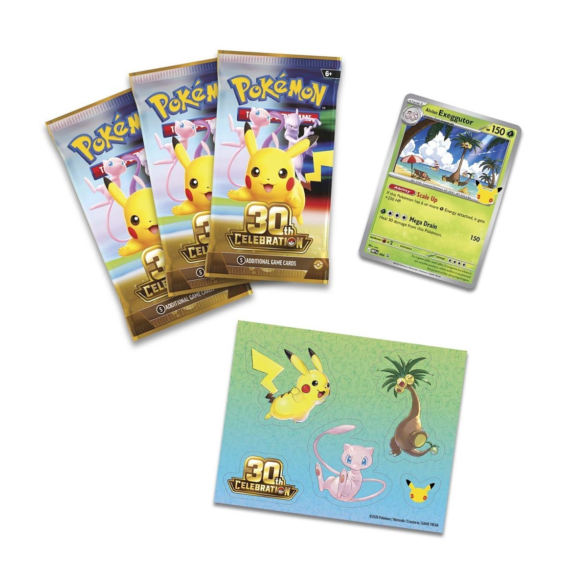 Contents of the Alolan Exeggutor Tech Sticker Collection: three 30th Celebration booster packs, foil Alolan Exeggutor promo card and Alolan Exeggutor tech sticker sheet