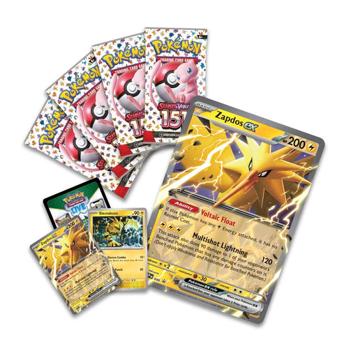 151 Zapdos ex Box contents: oversize Zapdos ex card, 2 foil cards and 4 booster packs