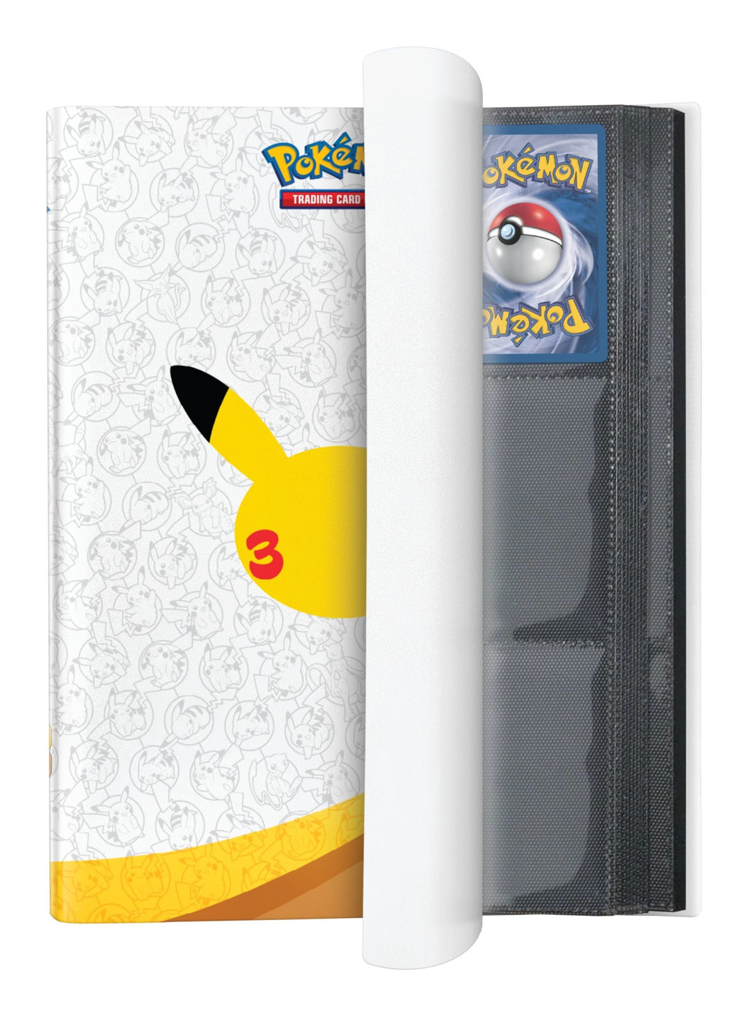 30th Celebration binder open with a Pokemon card in a black 9-pocket page and elastic strap