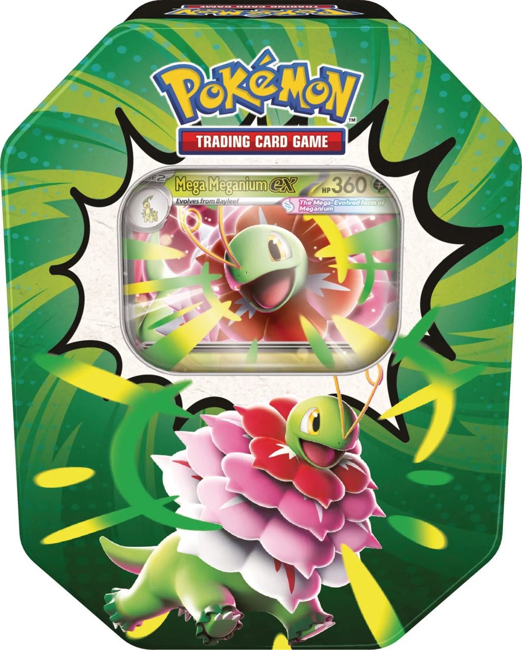 Pokemon TCG Ascended Heroes Tin, Mega Meganium ex version, sealed tin front