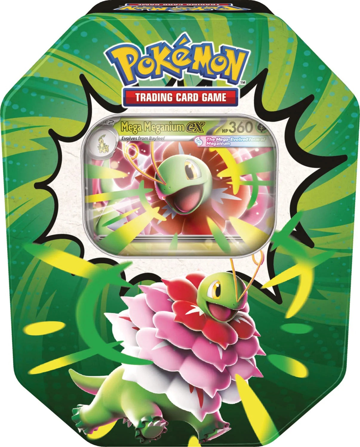 Pokemon TCG Ascended Heroes Tin, Mega Meganium ex version, sealed tin front