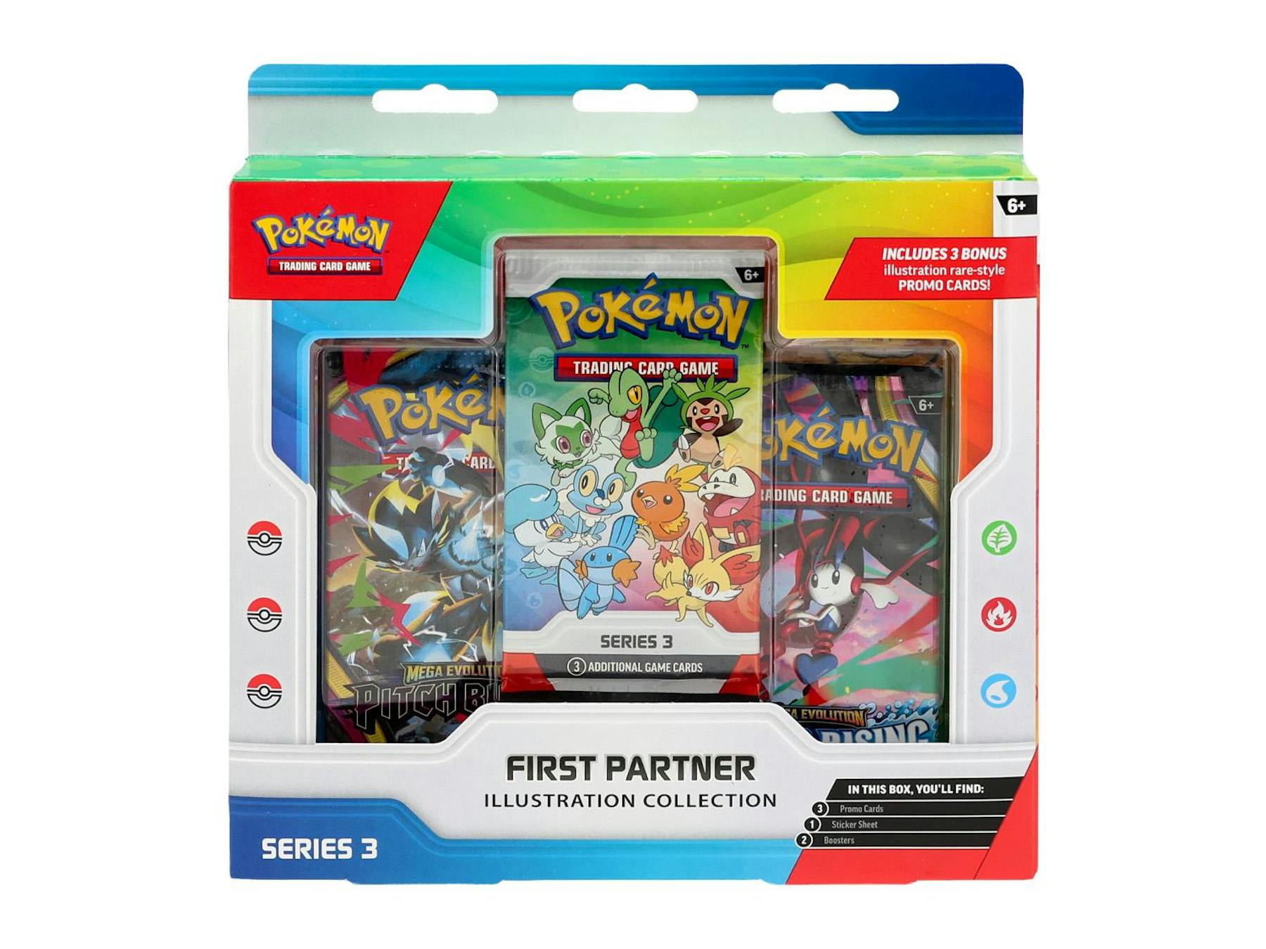 Front of one First Partner Illustration Collection Series 3 box: 3 promo cards, 1 sticker sheet and 2 booster packs