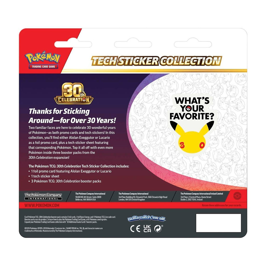 Back of the 30th Celebration Tech Sticker Collection blister showing printed contents