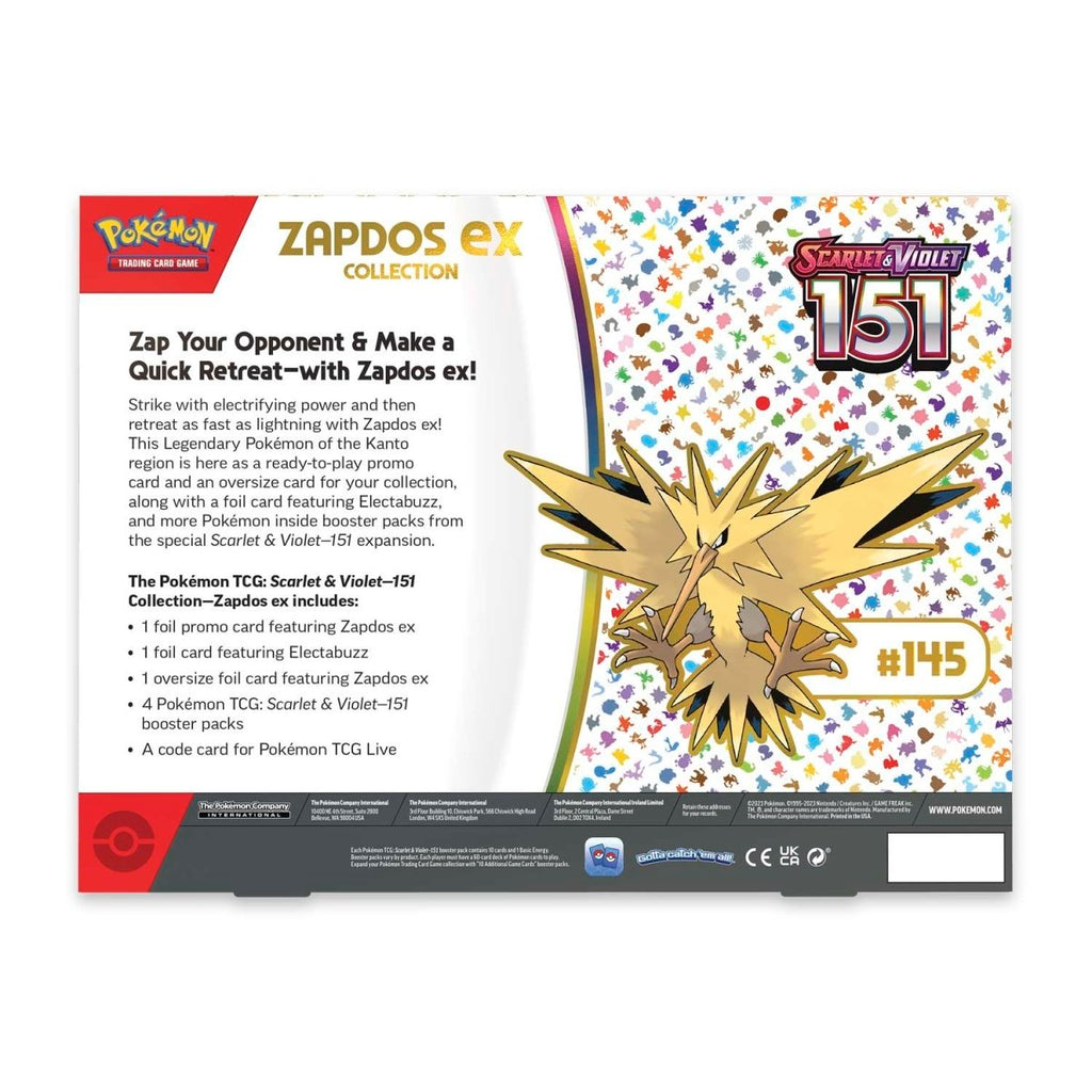 Back of the Pokemon TCG Scarlet & Violet 151 Zapdos ex Box listing contents