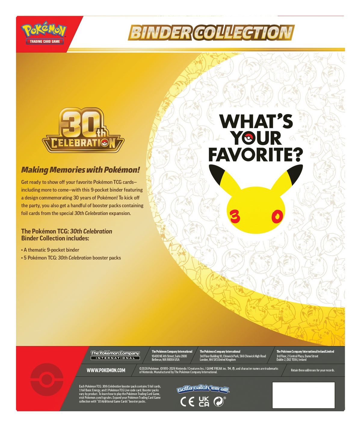 30th Celebration Binder Collection box back listing 1 thematic binder and 5 booster packs