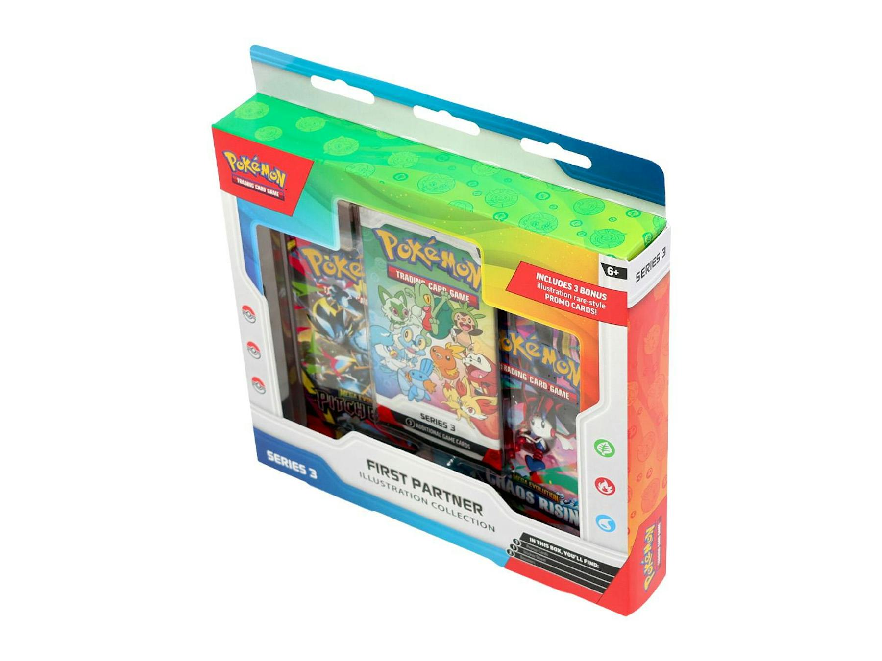 Angled view of one First Partner Illustration Collection Series 3 box showing the promo pack and two Mega Evolution boosters
