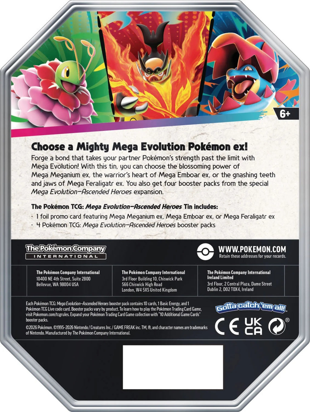 Pokemon TCG Ascended Heroes Tin, back of tin showing contents