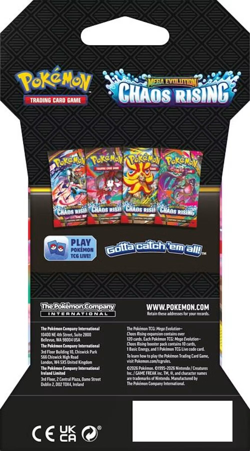 Back of the Chaos Rising sleeved booster pack showing all four pack designs and contents