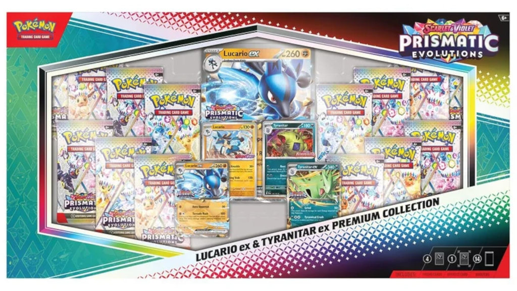 Pokemon TCG Prismatic Evolutions Lucario ex and Tyranitar ex Premium Collection contents