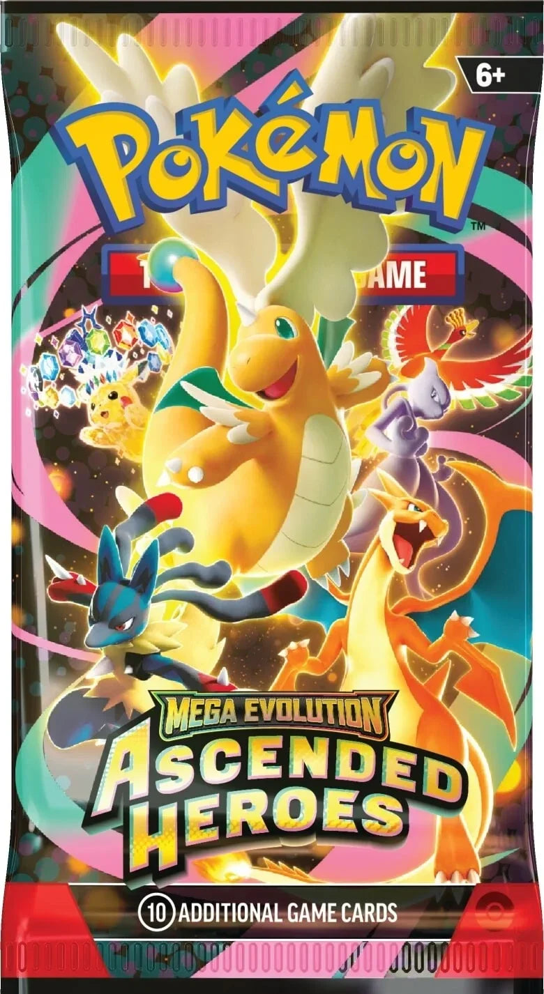 Pokemon TCG Mega Evolution Ascended Heroes sealed booster pack. Mega Dragonite, Mega Charizard X, Mega Lucario art