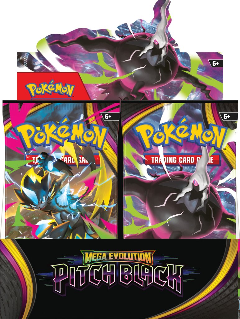 Mega Evolution Pitch Black Booster Box display front. 36 sealed packs
