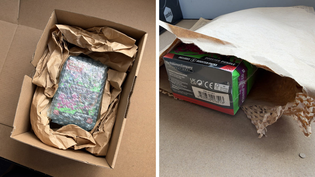 Two ways a sealed booster bundle can be sent: left, boxed with paper void fill; right, loose in a padded paper mailer