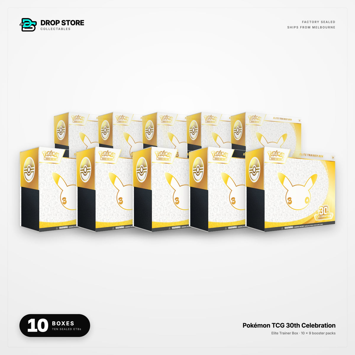 Ten sealed Pokemon TCG 30th Celebration Elite Trainer Boxes, 10-pack lot from Drop Store Collectables